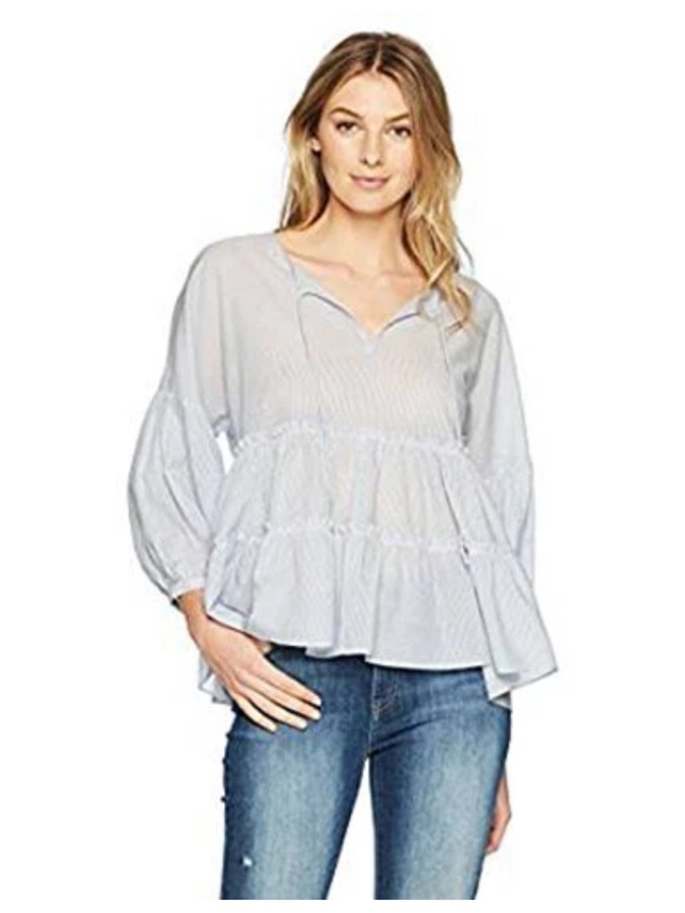 Lucky Brand Light Blue & White Striped Tiered Peplum Tunic
